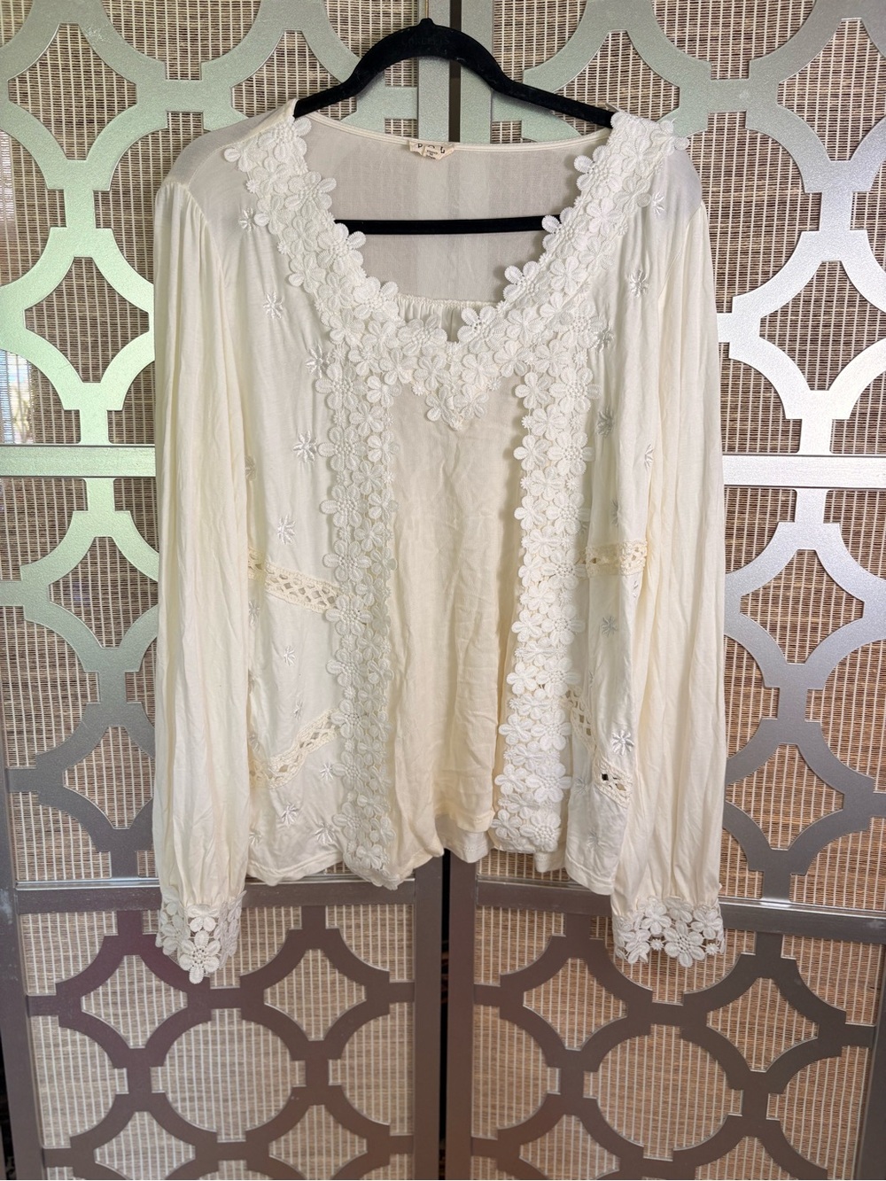 POL Cream Floral Lace-Trim Boho Blouse